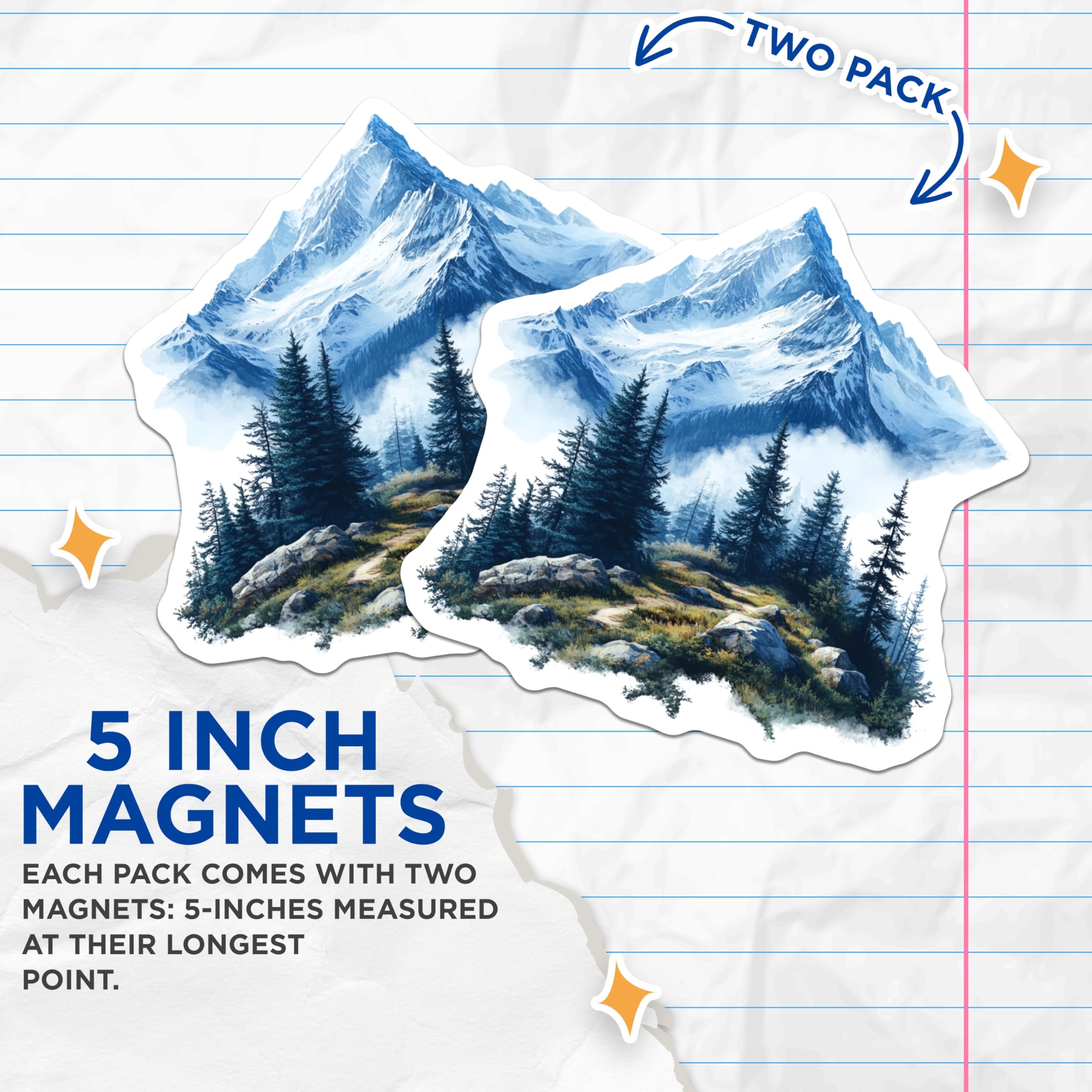 (2 Pack) Mountain Landscape Magnets - Snowy Peak Forest - Nature Scene Adventure Decor - Hiking Outdoors Art - 5 Inches On Longest Side - Thick Durable Magnet - Made in USA - MAG27411