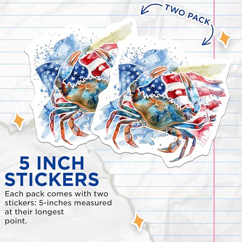 (2 Pack) Crab Stickers - American Flag Stickers - Beach Themed Stickers - 5" On Longest Side - Sticks to Smooth Flat Surfaces - Made in USA - BMCS5906