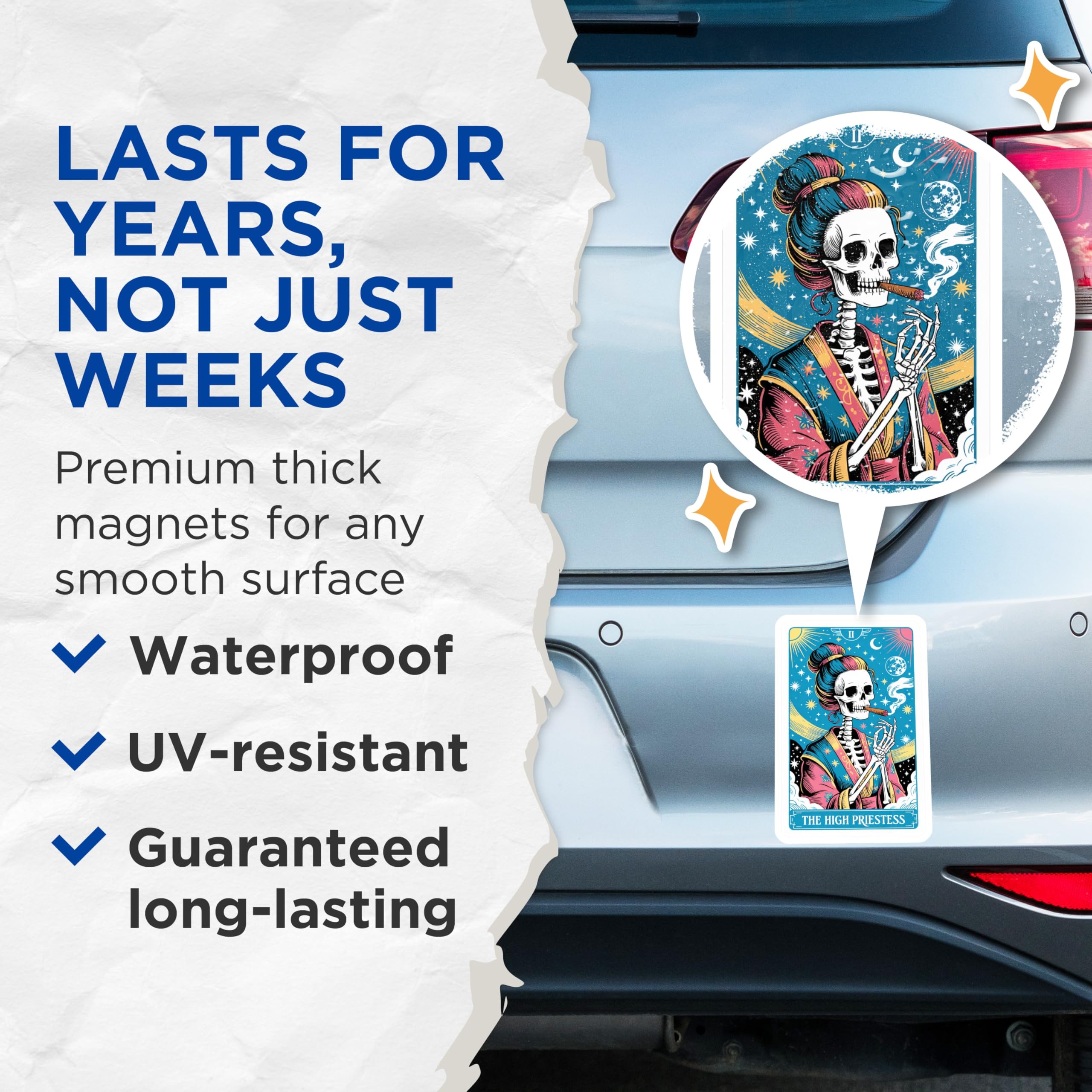 (2 Pack) High Priestess Tarot Card Art Magnets - Smoking Skeleton Celestial Decor - Occult Witchy Fridge Accessories - 5 Inches On Longest Side - Thick Durable Magnet - Made in USA - MAG20309