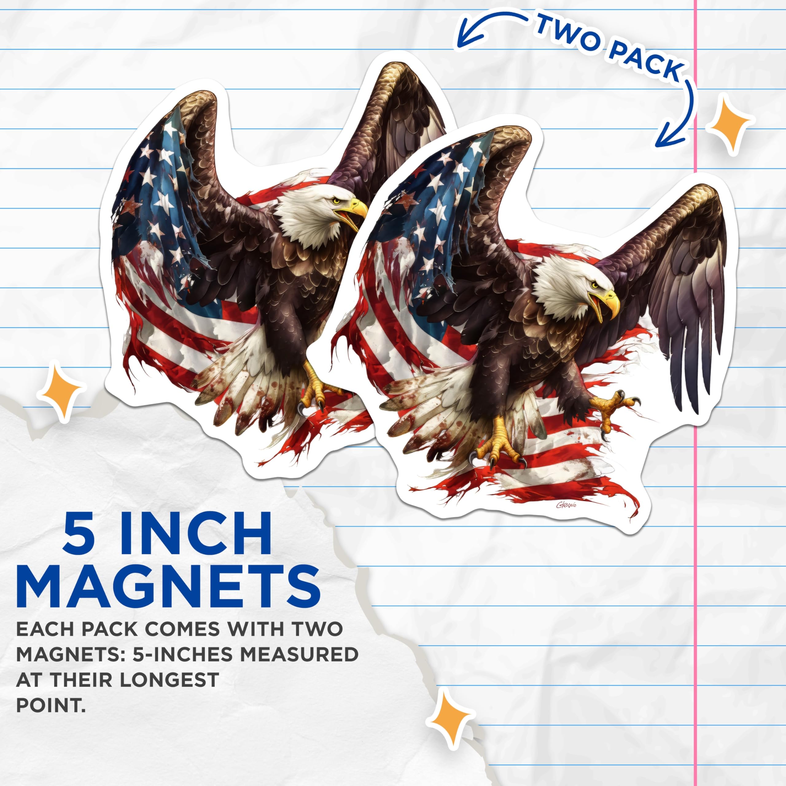 (2 Pack) Bald Eagle Magnets - American Flag Design - Patriotic USA Freedom Display - 5 Inches On Longest Side - Thick Durable Magnet - Made in USA - MAG21303
