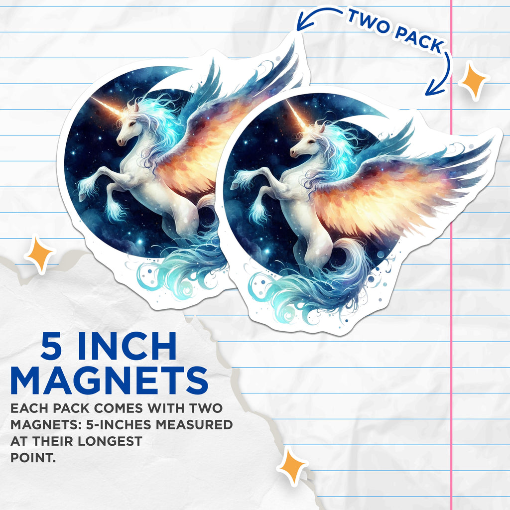 (2 Pack) Celestial Unicorn Magnets - Winged Pegasus Fantasy Art - Magical Fridge Decor - Mythical Creature Aesthetic - 5 Inches On Longest Side - Thick Durable Magnet - Made in USA - MAG37211
