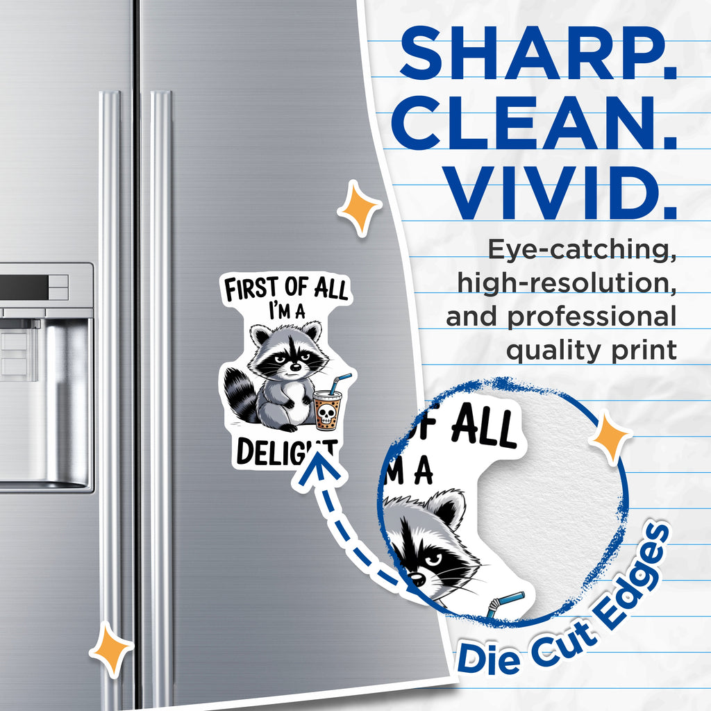 (2 Pack) Grumpy Raccoon Magnets - First of All I'm A Delight - Sarcastic Quote Fridge Decor - 5 Inches On Longest Side - Thick Durable Magnet - Made in USA - MAG37157