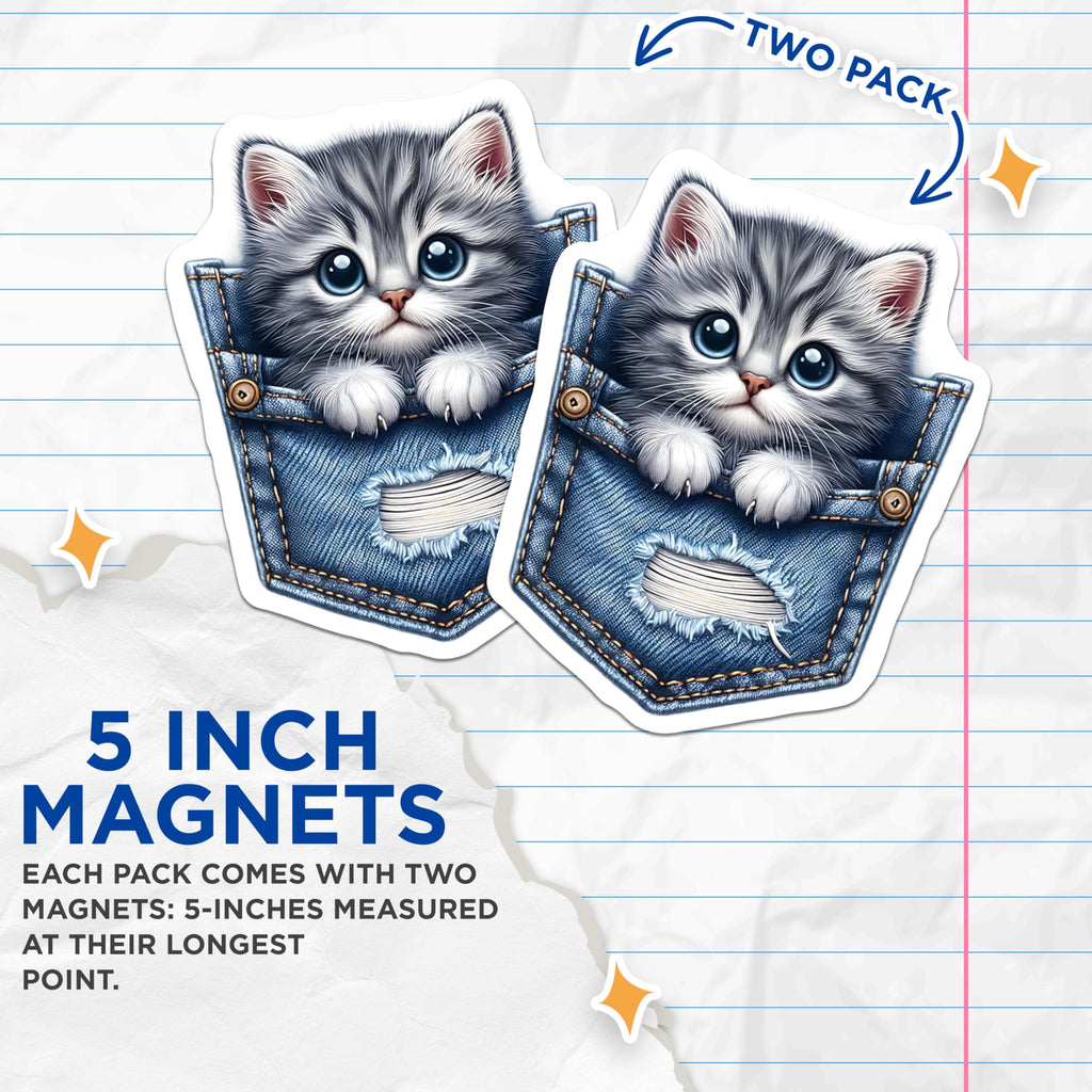 (2 Pack) Kitten in Pocket Magnets - Tabby Cat Decor - Cute Animal Fridge Magnets - 5" On Longest Side - Premium Magnet - for Cars, Refrigerators, Toolboxes, Lockers - Made in USA - MAG16023