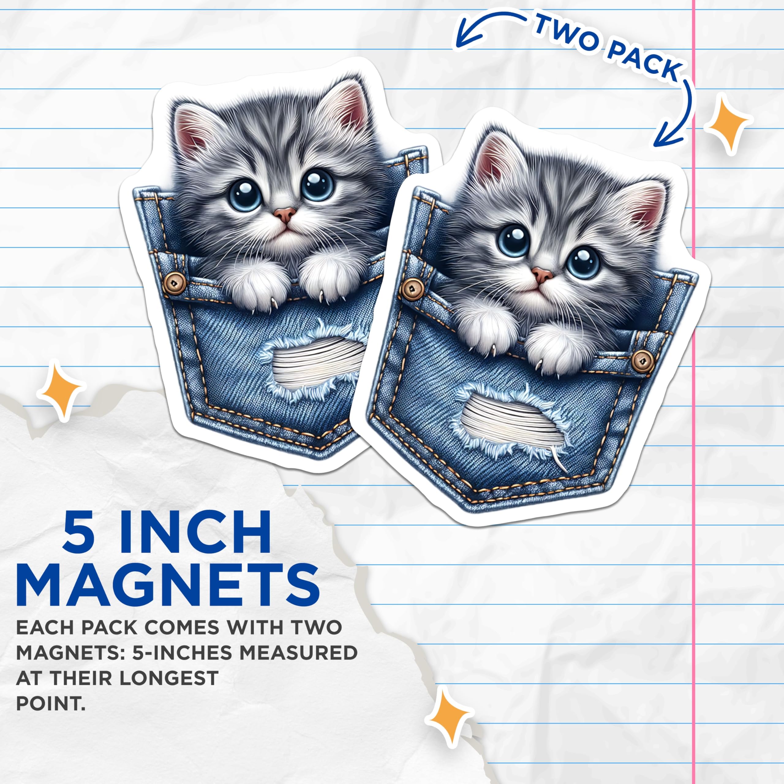 (2 Pack) Kitten in Pocket Magnets - Tabby Cat Decor - Cute Animal Fridge Magnets - 5" On Longest Side - Premium Magnet - for Cars, Refrigerators, Toolboxes, Lockers - Made in USA - MAG16023