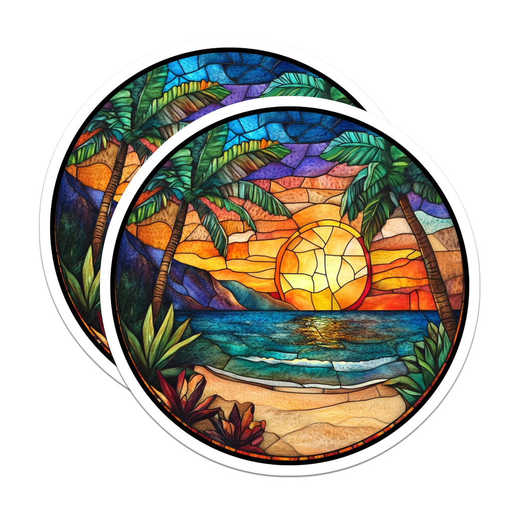(2 Pack) Tropical Sunset Magnets - Stained Glass Beach Decor - Palm Tree Ocean View Fridge Art - 5 Inches On Longest Side - Thick Durable Magnet - Made in USA - MAG29454