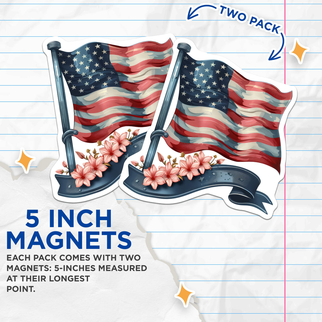 (2 Pack) Patriotic American Flag Magnets - Rustic USA Floral Decor - 4th of July Independence Day Home - 5 Inches On Longest Side - Thick Durable Magnet - Made in USA - MAG39847