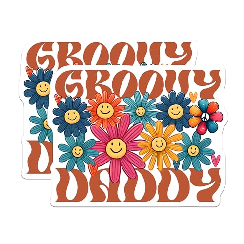 (2 Pack) Groovy Daddy Stickers - Retro Flower Power - Vintage 70s Vibes - 5" On Longest Side - Sticks to Smooth Flat Surfaces - Made in USA - BMCS7478