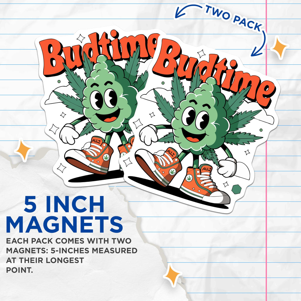 (2 Pack) Budtime Cannabis Magnets - Happy Weed Character Art - Retro Stoner Fridge Locker Decor - 5 Inches On Longest Side - Thick Durable Magnet - Made in USA - MAG20184