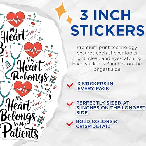 (3 Pack) Nurse Heart Decals - My Heart Belongs to My Patients - Medical Worker Stickers- 3 Inches On Longest Side - Easy Peel & Apply - Made in USA - 3MCS5203