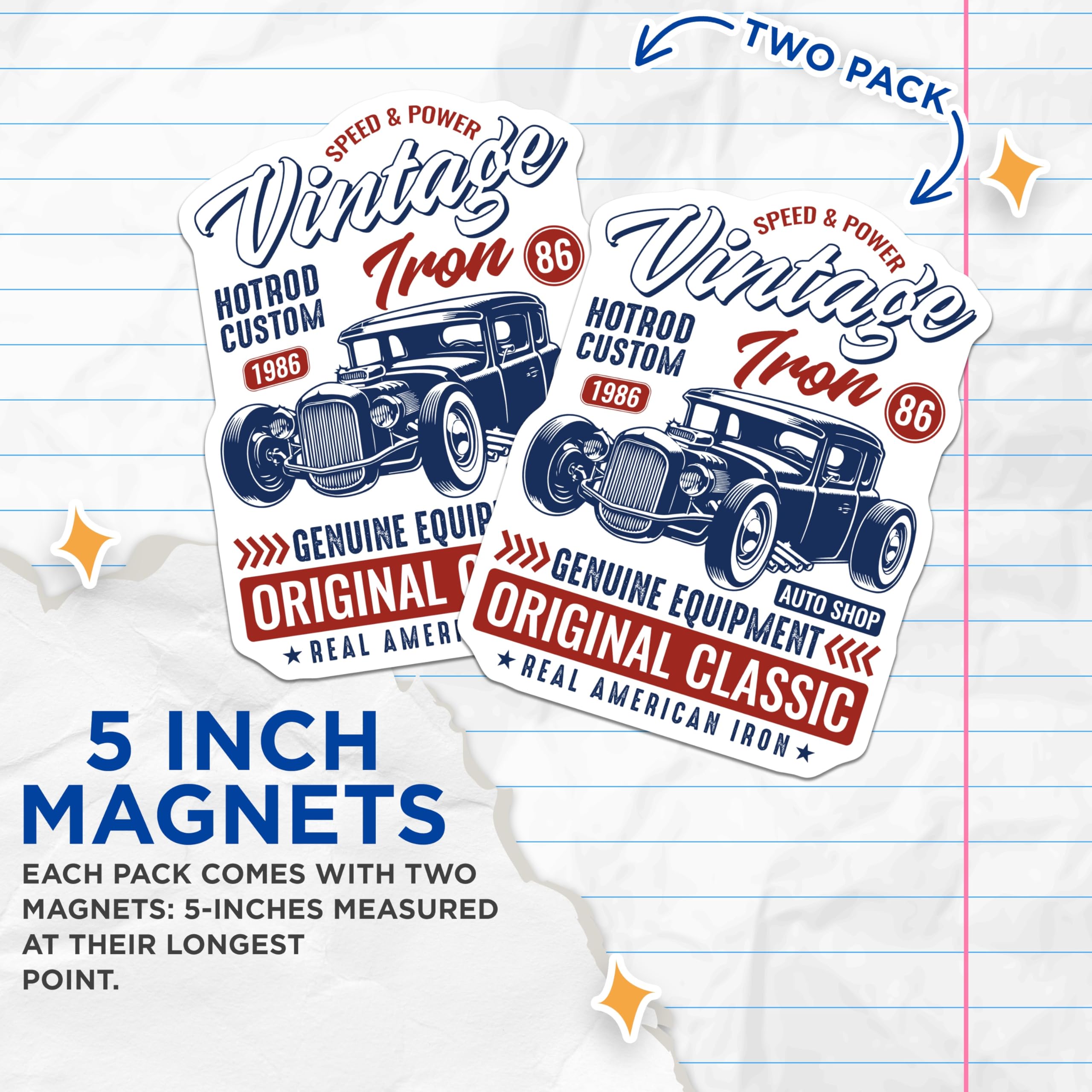 (2 Pack) Hot Rod Magnets - Vintage Car Magnet - Classic American Iron Magnet - 5" On Longest Side - Premium Magnet - for Cars, Refrigerators, Toolboxes, Lockers - Made in USA - MAG17438