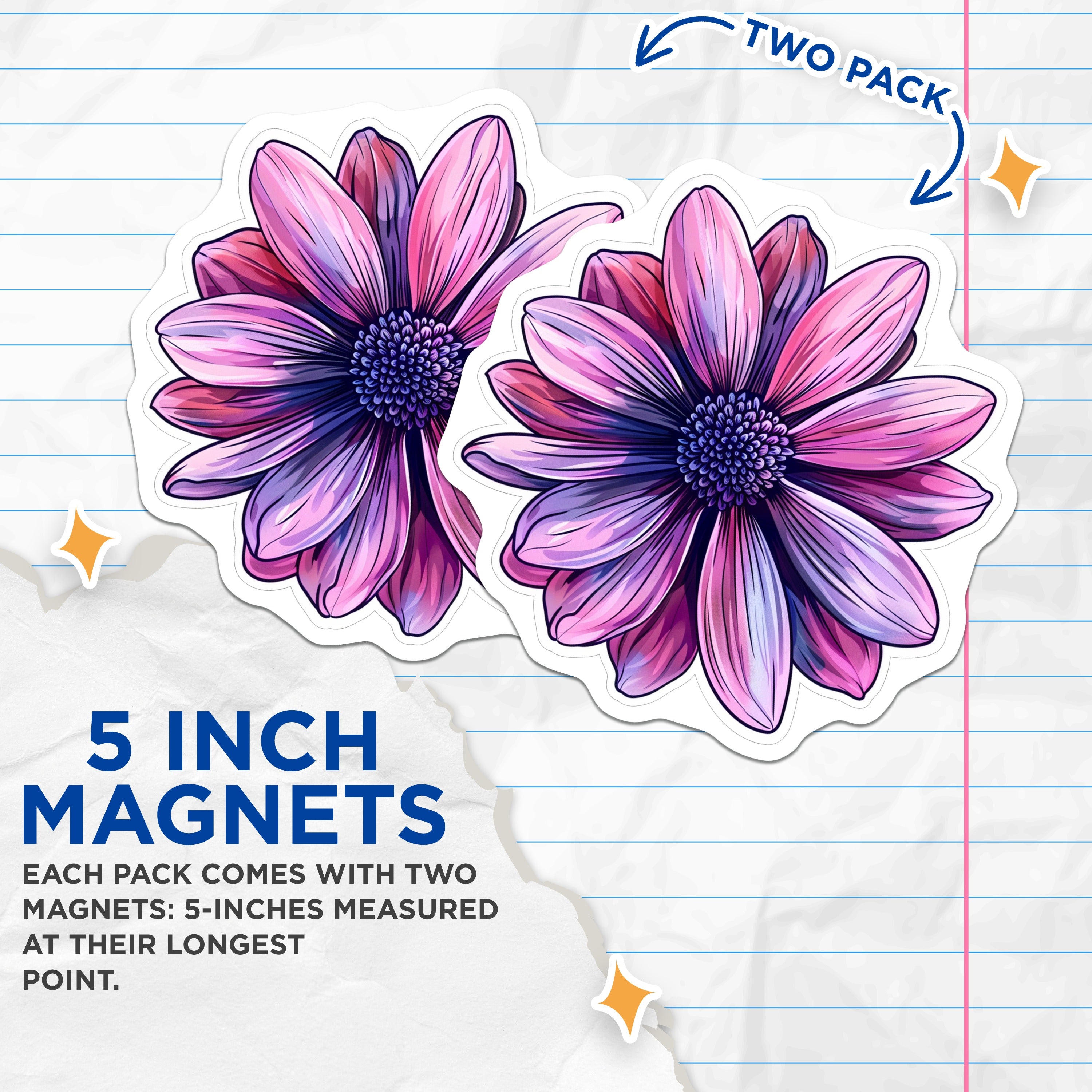 (2 Pack) Vibrant Flower Magnets - Botanical Floral Fridge Decor - Aesthetic Kitchen Locker Magnets - 5 Inches On Longest Side - Thick Durable Magnet - Made in USA - MAG38266