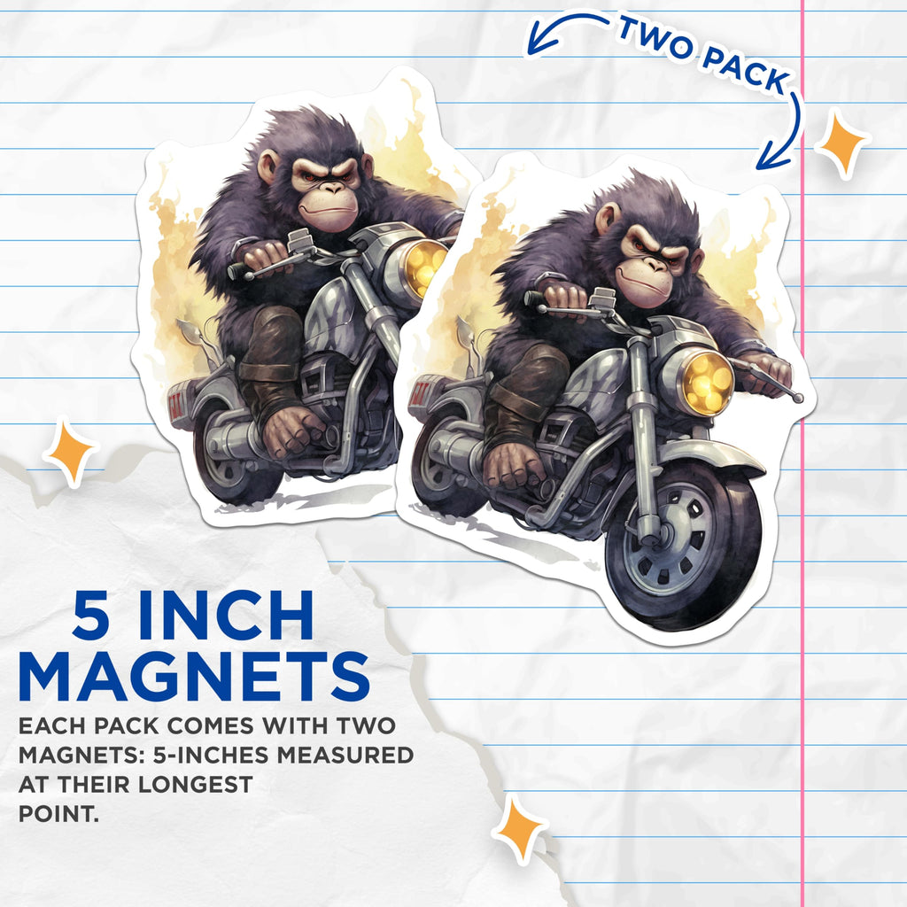 (2 Pack) Biker Monkey Magnets - Motorcycle Riding Ape Art - Novelty Fridge Decorations - 5" On Longest Side - Premium Magnet - for Cars, Refrigerators, Toolboxes, Lockers - Made in USA - MAG16948