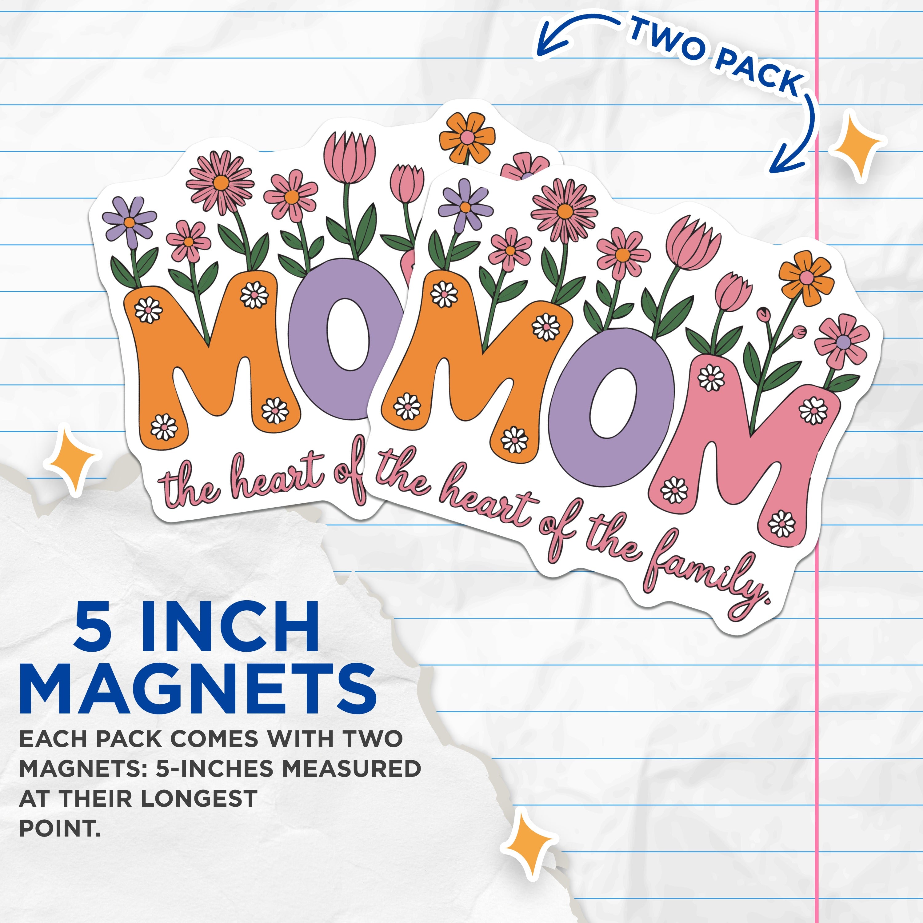 (2 Pack) Mom Magnets - Retro Floral Mama Heart Family - Mothers Day Birthday Fridge - 5 Inches On Longest Side - Thick Durable Magnet - Made in USA - MAG36167