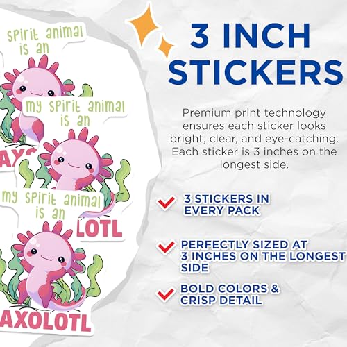 (3 Pack) Axolotl Decals - My Spirit Animal - Cute Amphibian Decal - 3 Inches On Longest Side - Easy Peel & Apply - Made in USA - 3MCS6545