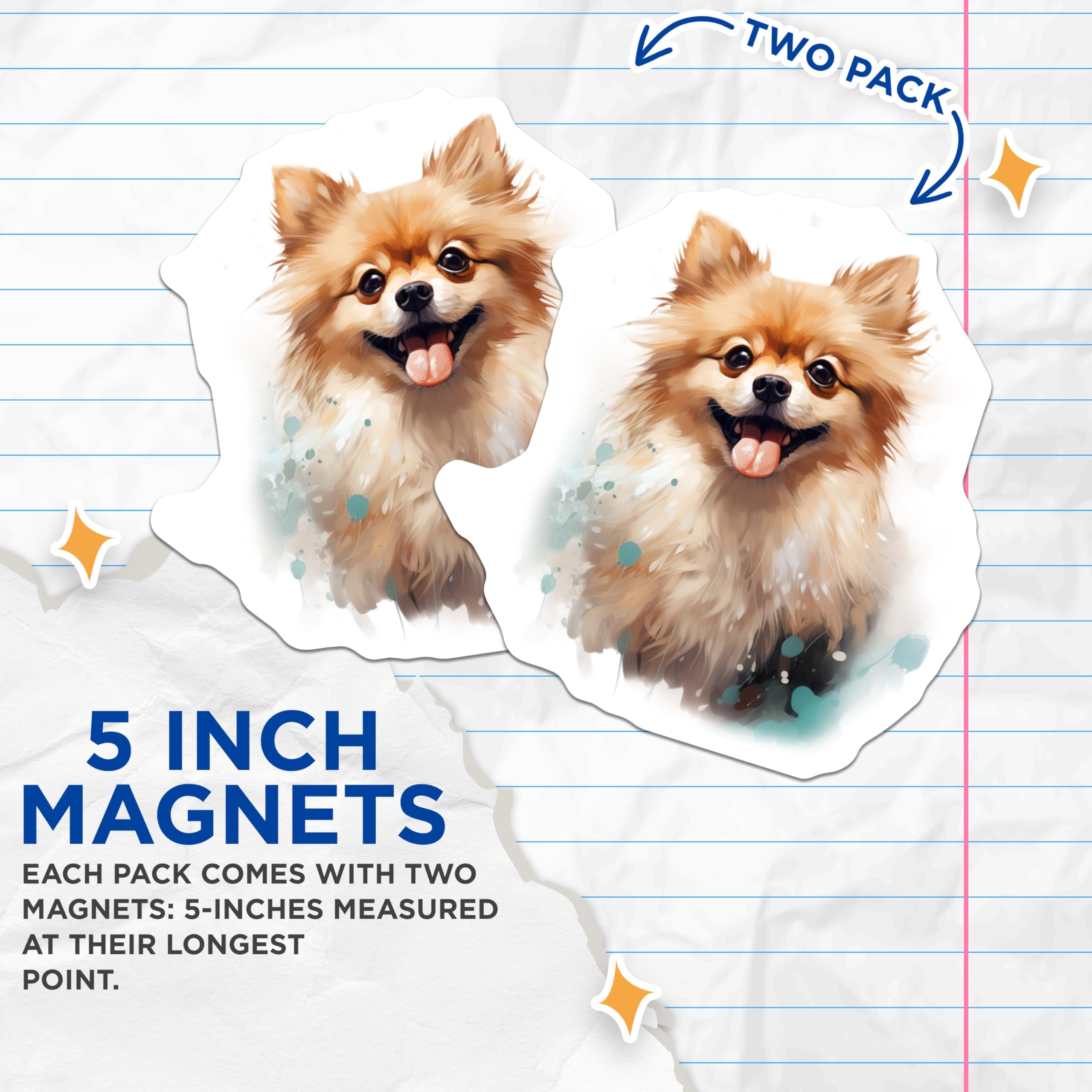(2 Pack) Happy Pomeranian Dog Magnets - Cute Fluffy Pet Art - Dog Lover Fridge Whiteboard Locker Decor - 5 Inches On Longest Side - Thick Durable Magnet - Made in USA - MAG25997