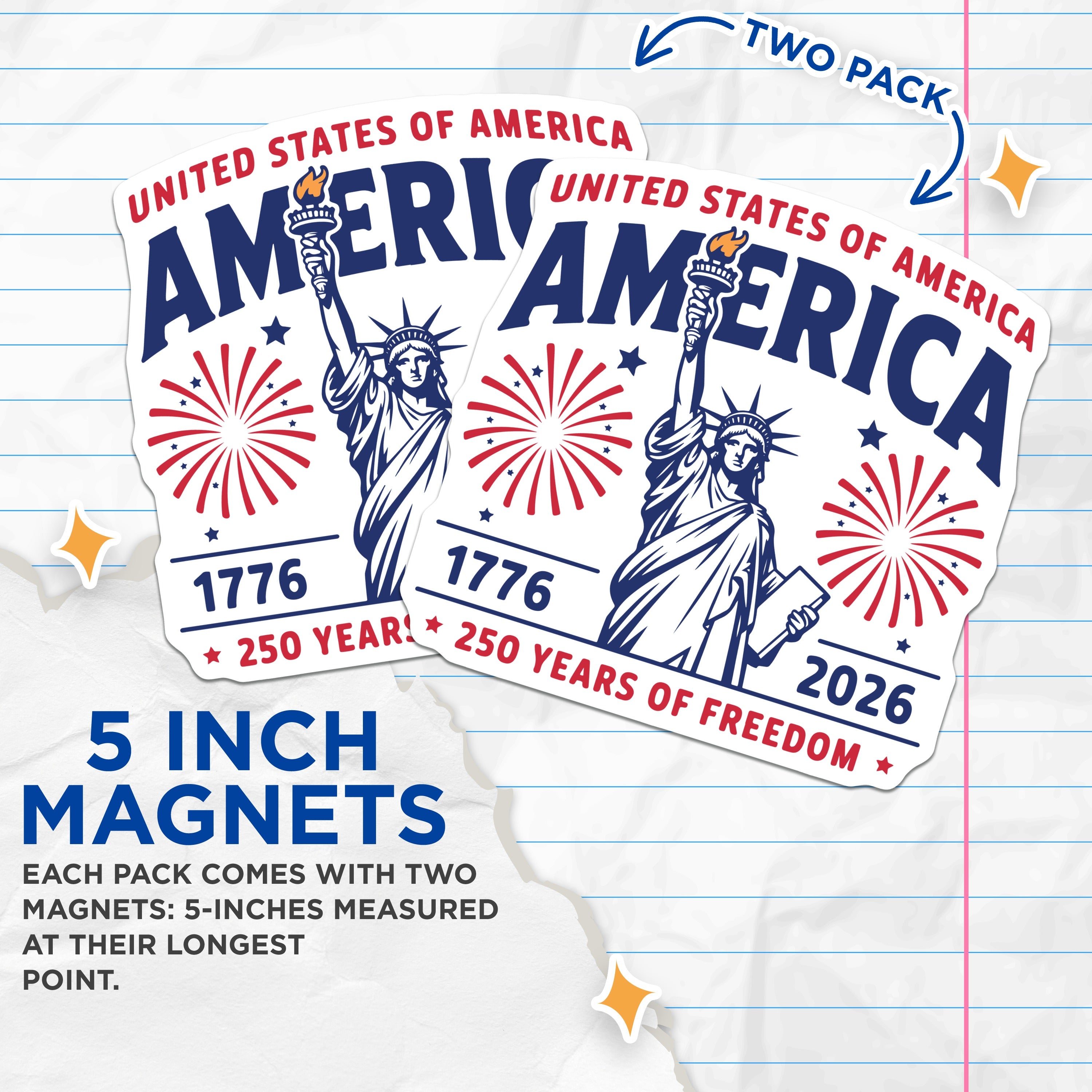 (2 Pack) America 250th Anniversary Magnets - Statue of Liberty Decor - United States Freedom Pride - 5 Inches On Longest Side - Thick Durable Magnet - Made in USA - MAG37546