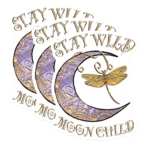 (3 Pack) Dragonfly Decals - Moon Child - Stay Wild Decals - Laptop Decal - 3 Inches On Longest Side - Easy Peel & Apply - Made in USA - 3MCS2958