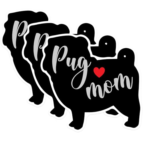 (3 Pack) Pug Mom Decals - Dog Lover - Laptop Decals - 3 Inches On Longest Side - Easy Peel & Apply - Made in USA - 3MCS1386