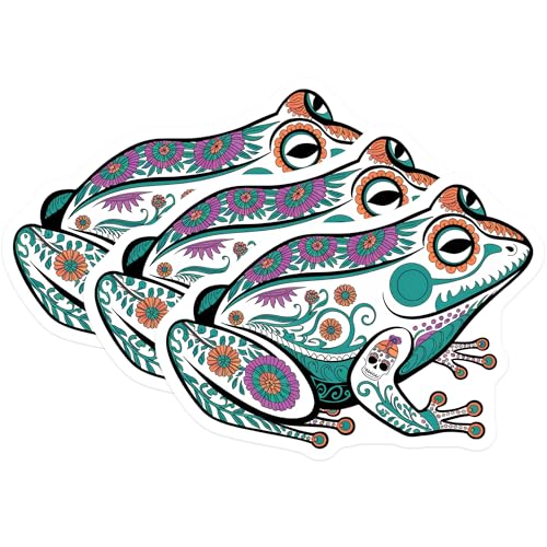 (3 Pack) Floral Frog Decals - Sugar Skull - Laptop Decals - 3 Inches On Longest Side - Easy Peel & Apply - Made in USA - 3MCS8224
