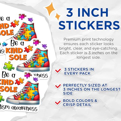 (3 Pack) Autism Awareness Decals - Kind Sole - Puzzle Piece Decals - 3 Inches On Longest Side - Easy Peel & Apply - Made in USA - 3MCS1979