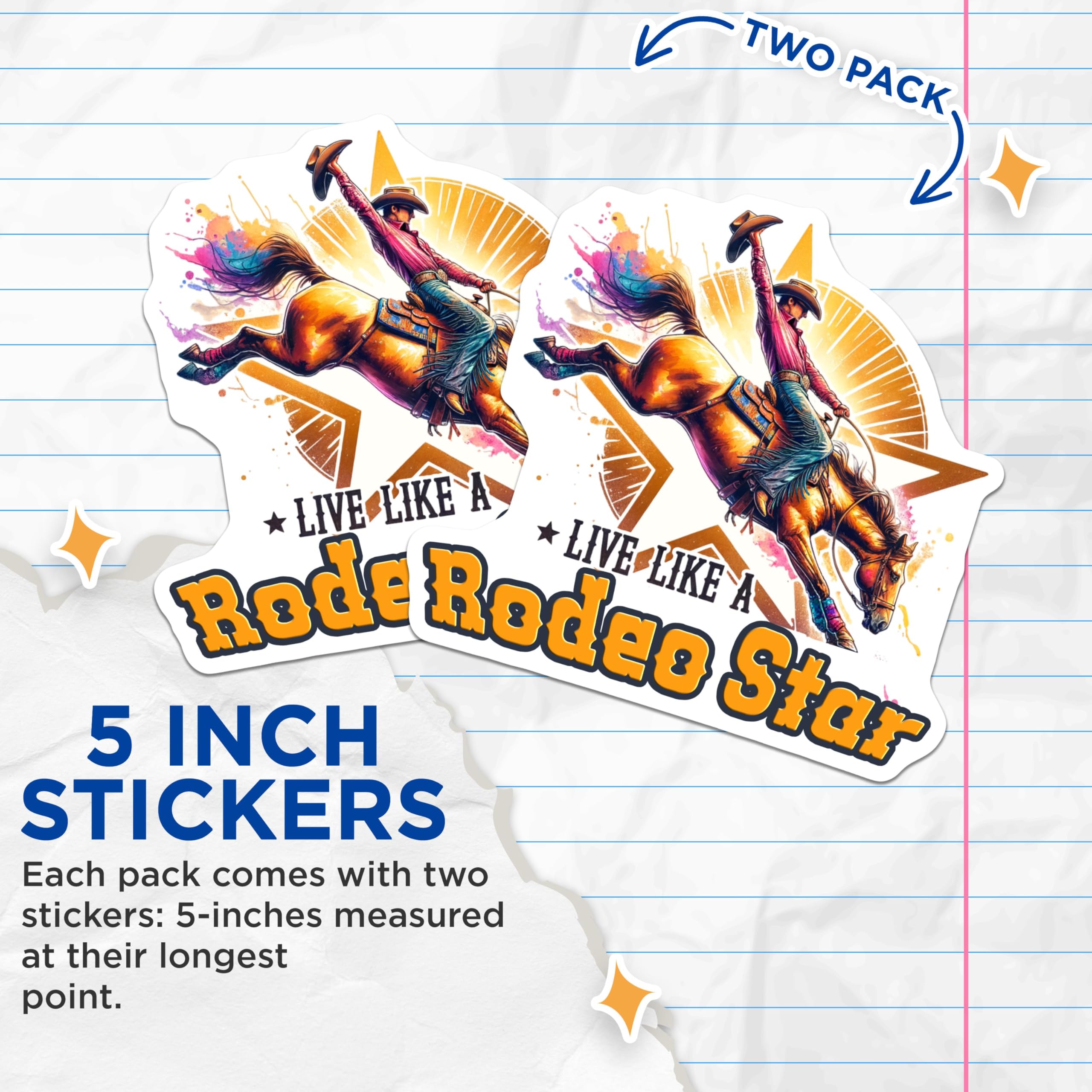 (2 Pack) Rodeo Cowboy Star Stickers - Western Riding - Live Like a Star - 5" On Longest Side - Sticks to Smooth Flat Surfaces - Made in USA - BMCS6460