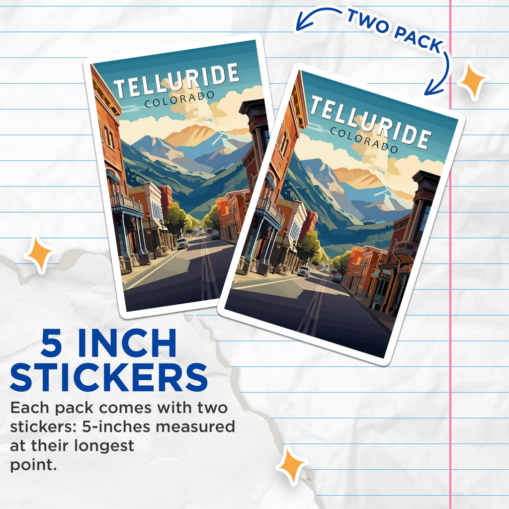 (2 Pack) Telluride Colorado Stickers - Mountain Town Art - Travel Souvenir - 5" On Longest Side - Sticks to Smooth Flat Surfaces - Made in USA - BMCS18750