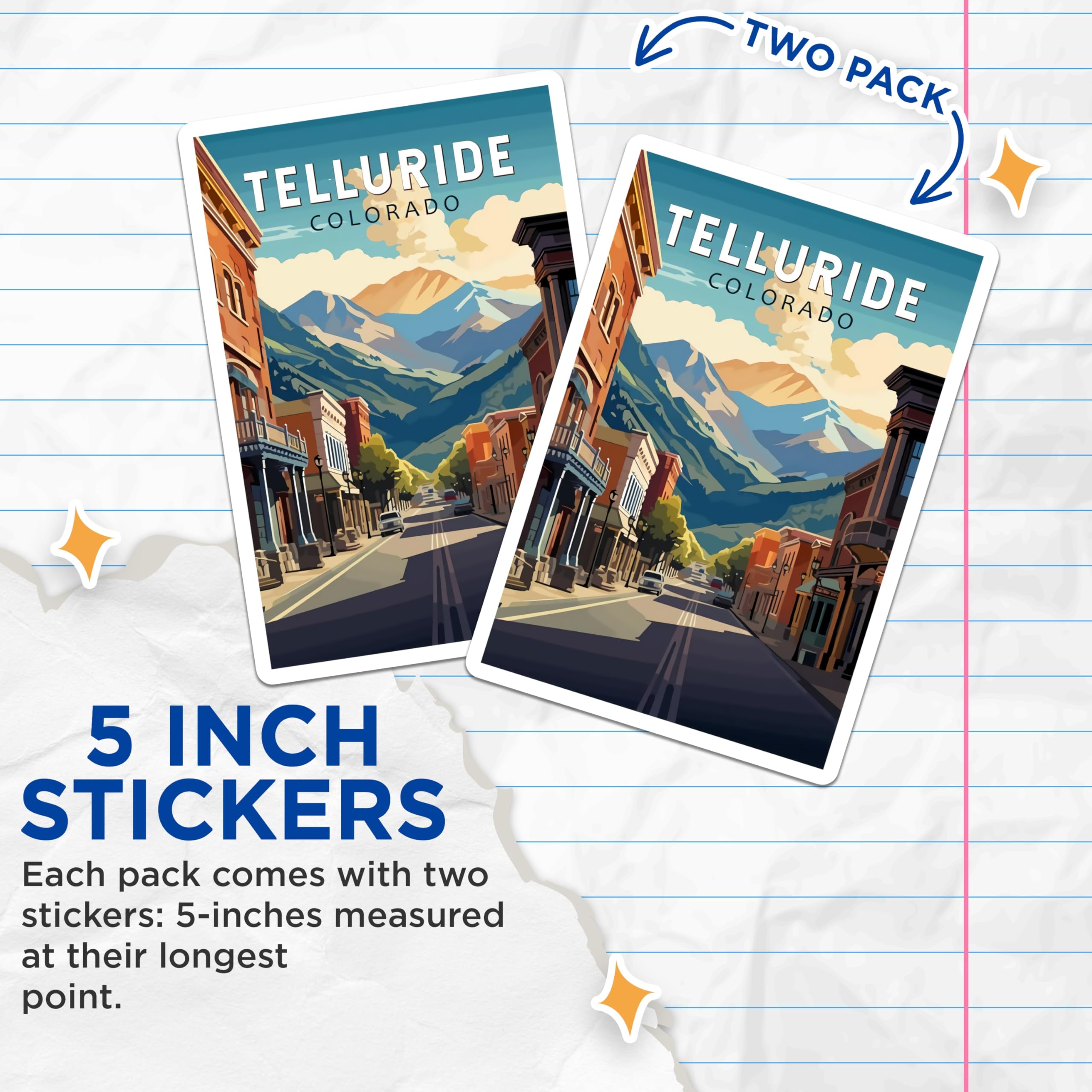(2 Pack) Telluride Colorado Stickers - Mountain Town Art - Travel Souvenir - 5" On Longest Side - Sticks to Smooth Flat Surfaces - Made in USA - BMCS18750