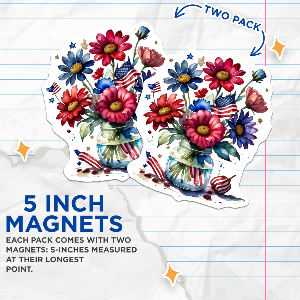 (2 Pack) Patriotic Flower Magnets - American Flag Decor - July 4th Fridge Magnets - 5" On Longest Side - Premium Magnet - for Cars, Refrigerators, Toolboxes, Lockers - Made in USA - MAG14367