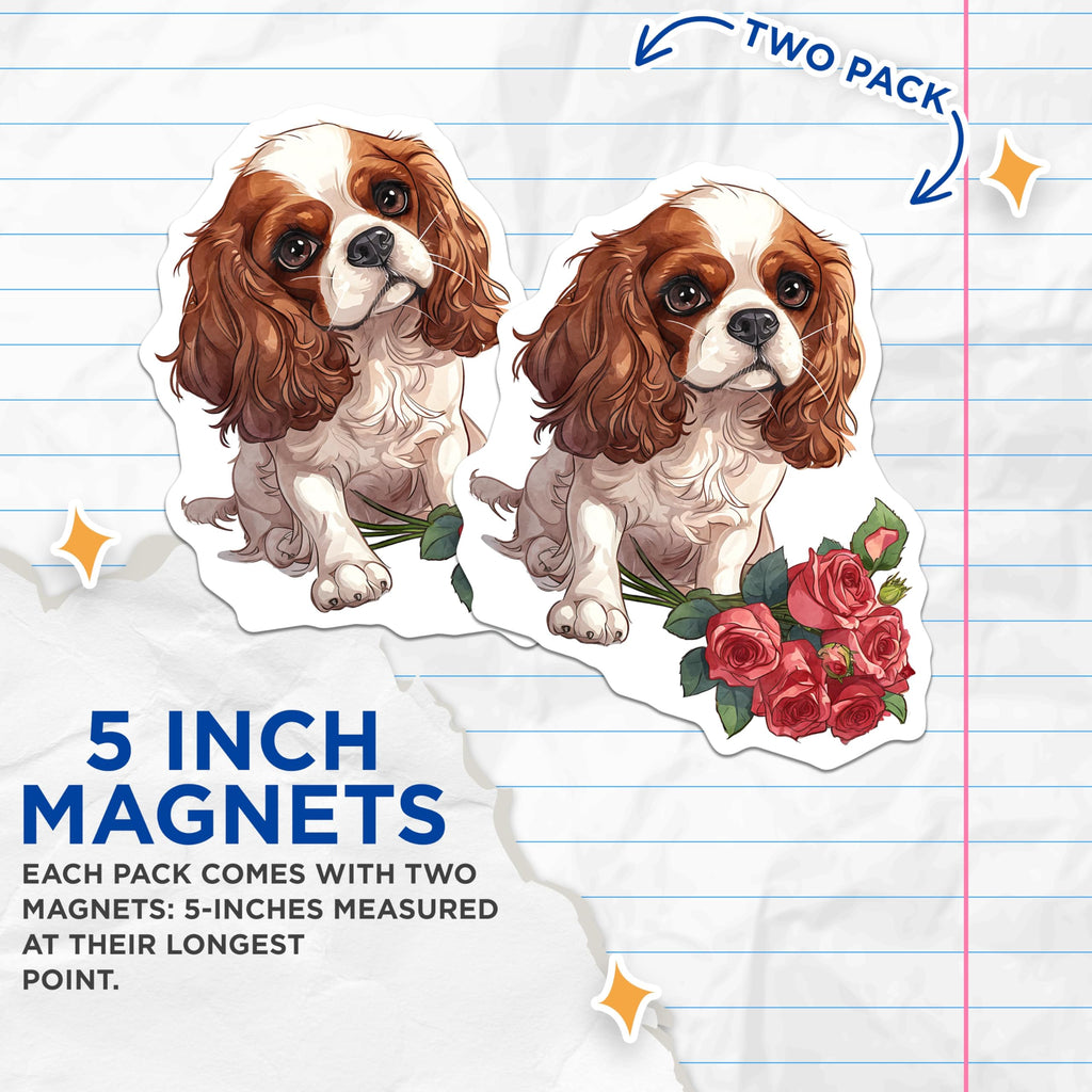 (2 Pack) Cavalier King Spaniel Magnets - Dog with Roses Decor - Cute Puppy Magnets - 5" On Longest Side - Premium Magnet - for Cars, Refrigerators, Toolboxes, Lockers - Made in USA - MAG16953