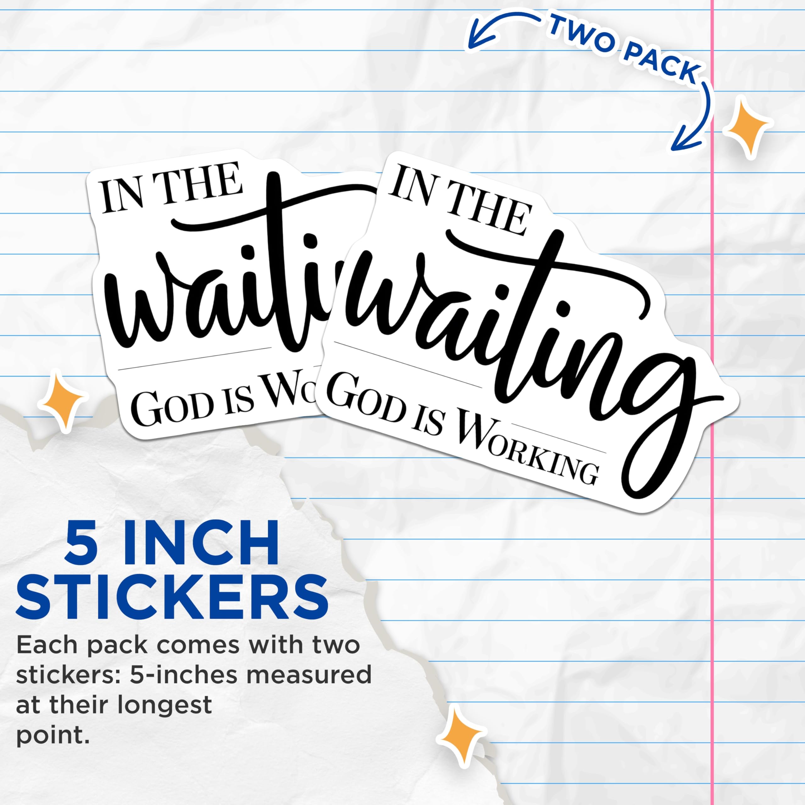 (2 Pack) in The Waiting Stickers - God is Working - Religious Decal - 5" On Longest Side - Sticks to Smooth Flat Surfaces - Made in USA - BMCS15375