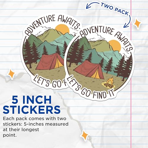 (2 Pack) Adventure Awaits Stickers - Let's Go Find It - Camping Tent Stickers - Nature Hiking Stickers - 5" On Longest Side - Sticks to Smooth Flat Surfaces - Made in USA - BMCS5848