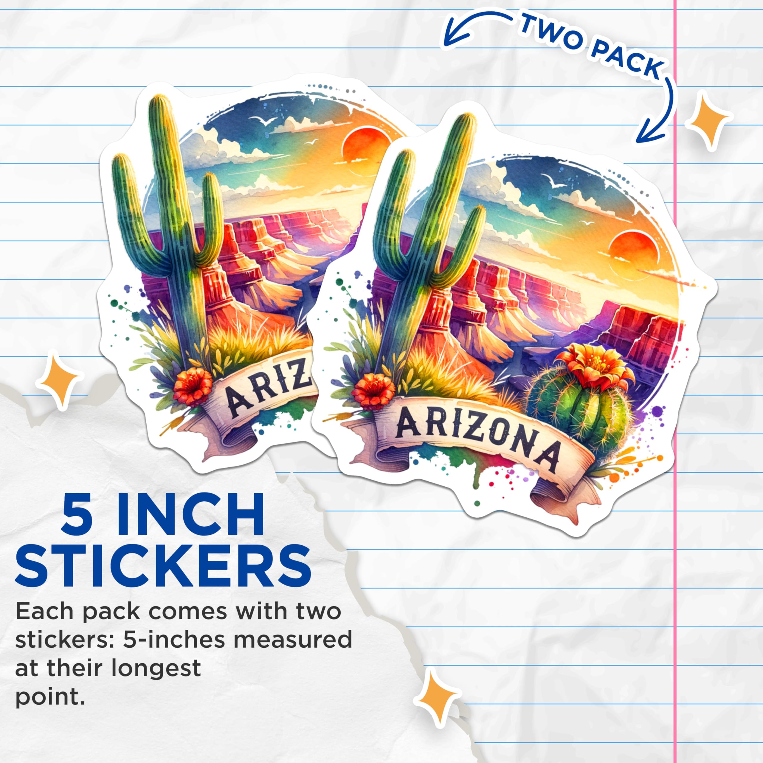 (2 Pack) Arizona Cactus Stickers - Desert Landscape - Watercolor Art Stickers - 5" On Longest Side - Sticks to Smooth Flat Surfaces - Made in USA - BMCS6547