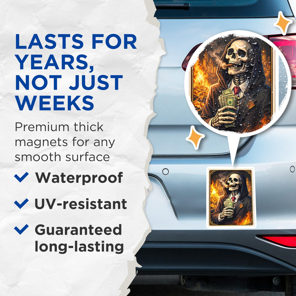 (2 Pack) Skeleton Money Magnets - Grim Reaper Art - Cigar Smoker Magnet - 5" On Longest Side - Premium Magnet - for Cars, Refrigerators, Toolboxes, Lockers - Made in USA - MAG15691