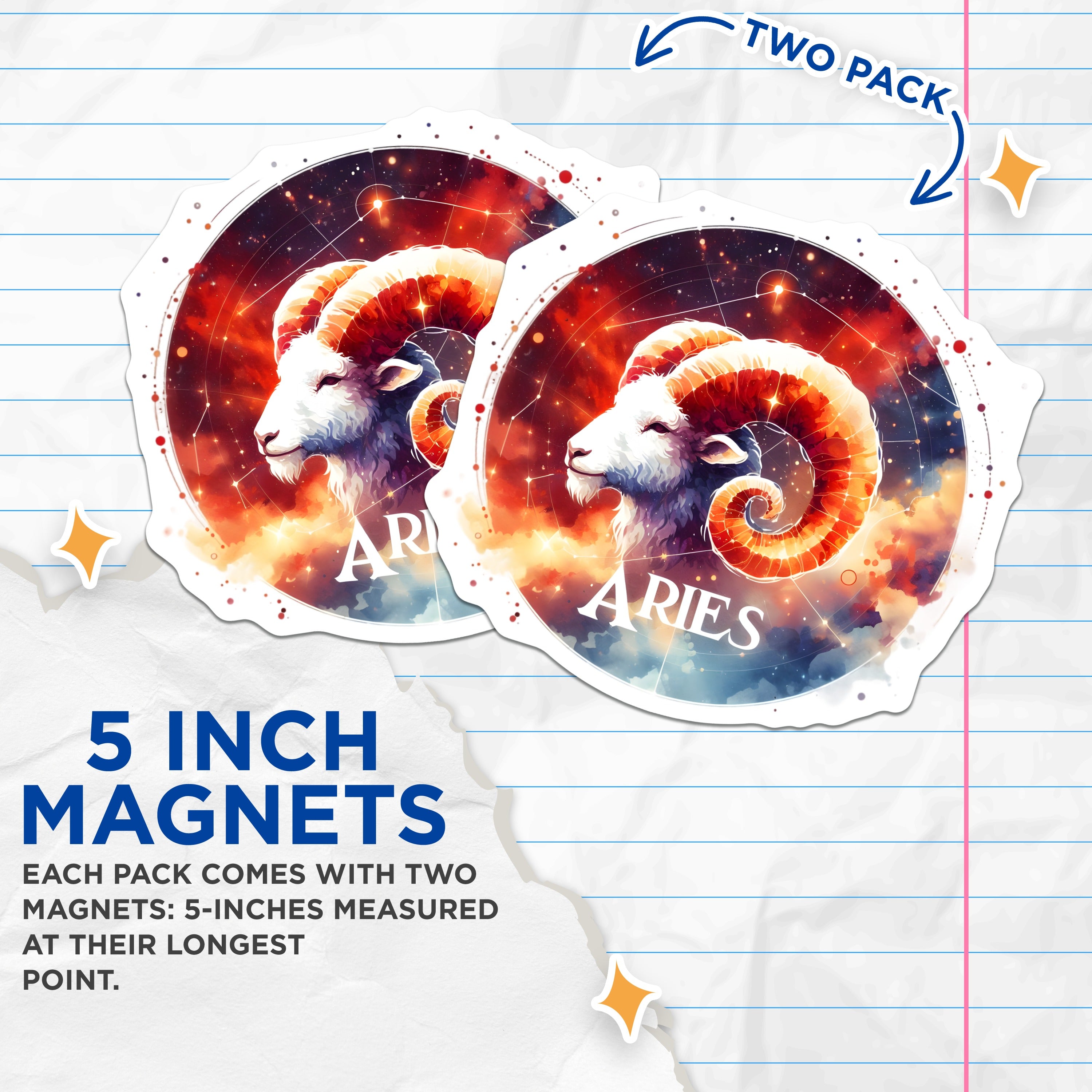 (2 Pack) Aries Horoscope Magnets - Zodiac Sign Decor - Celestial Astrological Ram Art - Spiritual Birthday Emblem - 5 Inches On Longest Side - Thick Durable Magnet - Made in USA - MAG37310