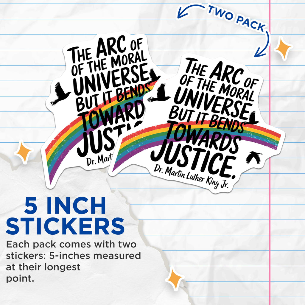 (2 Pack) Moral Universe Quote Stickers - Inspirational Rainbow Decal - Motivational Justice Stickers - 5" On Longest Side - Sticks to Smooth Flat Surfaces - Made in USA - BMCS3756