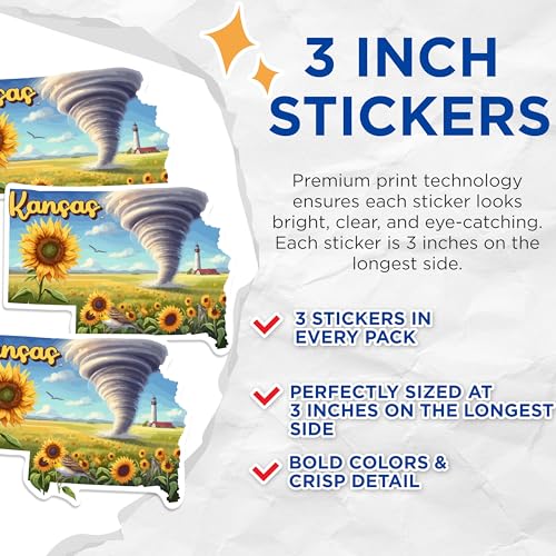 (3 Pack) Kansas Sunflower Decals - Tornado Landscape - Kansas State Laptop Decal - 3 Inches On Longest Side - Easy Peel & Apply - Made in USA - 3MCS0139