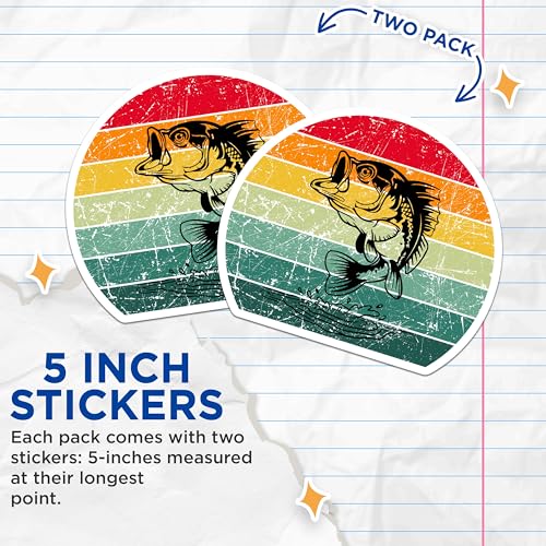 (2 Pack) Fishing Stickers - Bass Fish Decal - Retro Bass Fishing Vinyl Stickers - Outdoor Hobbies Stickers - 5" On Longest Side - Sticks to Smooth Flat Surfaces - Made in USA - BMCS4881
