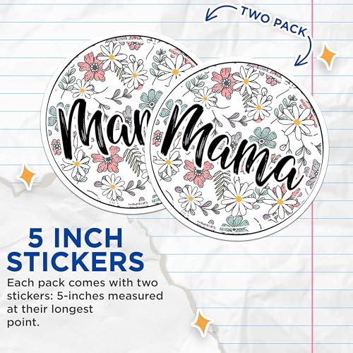 (2 Pack) Mama Stickers - Floral Stickers - Mommy Decals for Scrapbooking Journaling and Crafting - 5" On Longest Side - Sticks to Smooth Flat Surfaces - Made in USA - BMCS6177