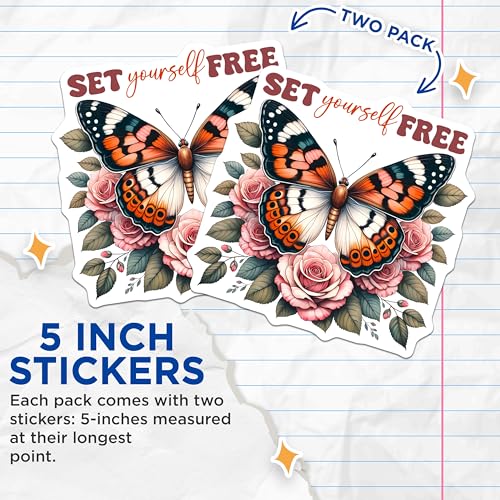 (2 Pack) Butterfly Floral Stickers - Inspirational Quote - Set Yourself Free Sticker Pack - 5" On Longest Side - Sticks to Smooth Flat Surfaces - Made in USA - BMCS9736