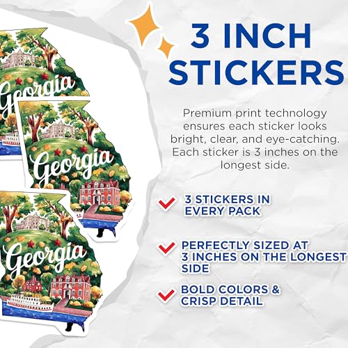 (3 Pack) Georgia State Decals - Watercolor Art - Travel Souvenir- 3 Inches On Longest Side - Easy Peel & Apply - Made in USA - 3MCS5061