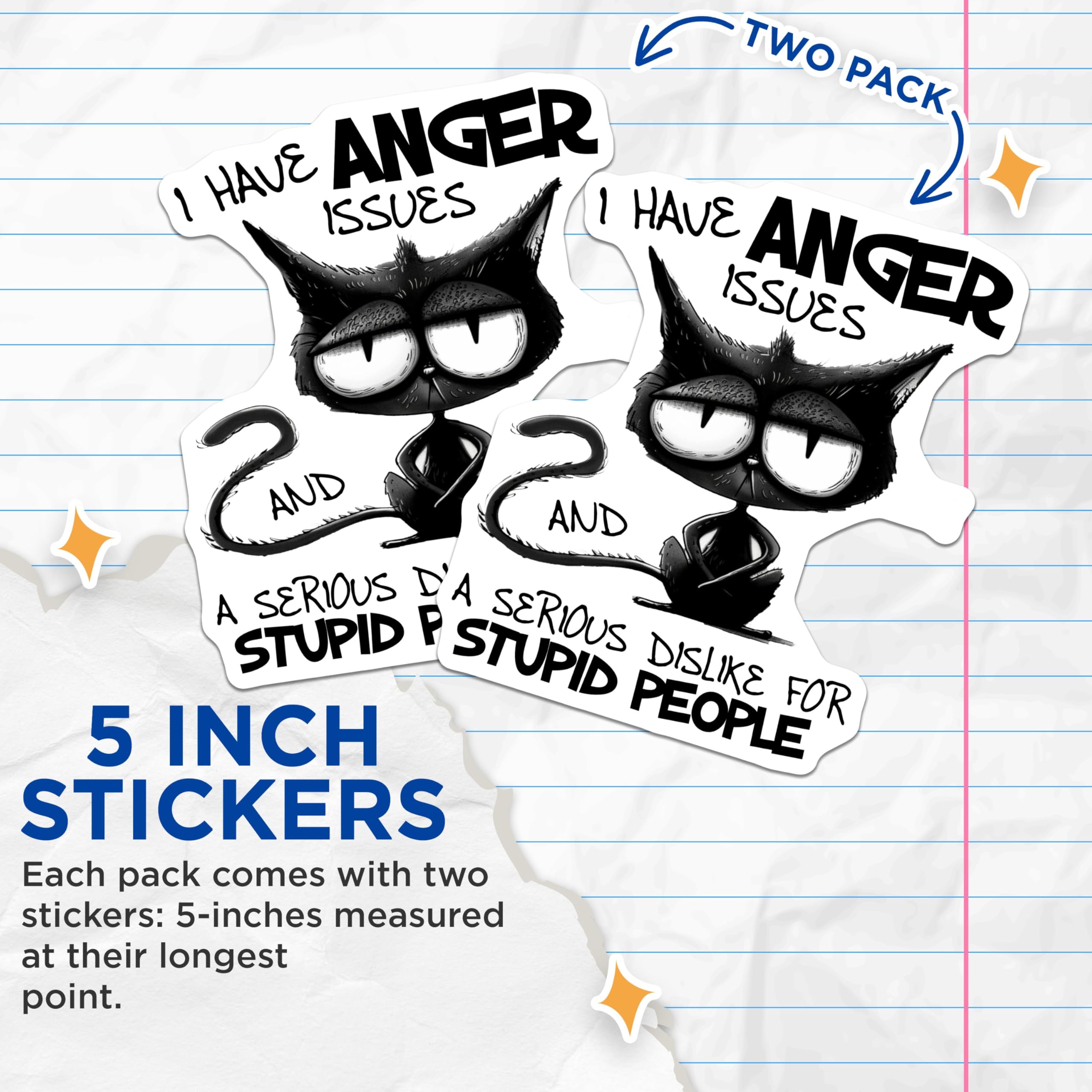 (2 Pack) Funny Cat Stickers - Anger Issues Stickers - Humor Stickers for Laptops and Water Bottles - 5" On Longest Side - Sticks to Smooth Flat Surfaces - Made in USA - BMCS3982