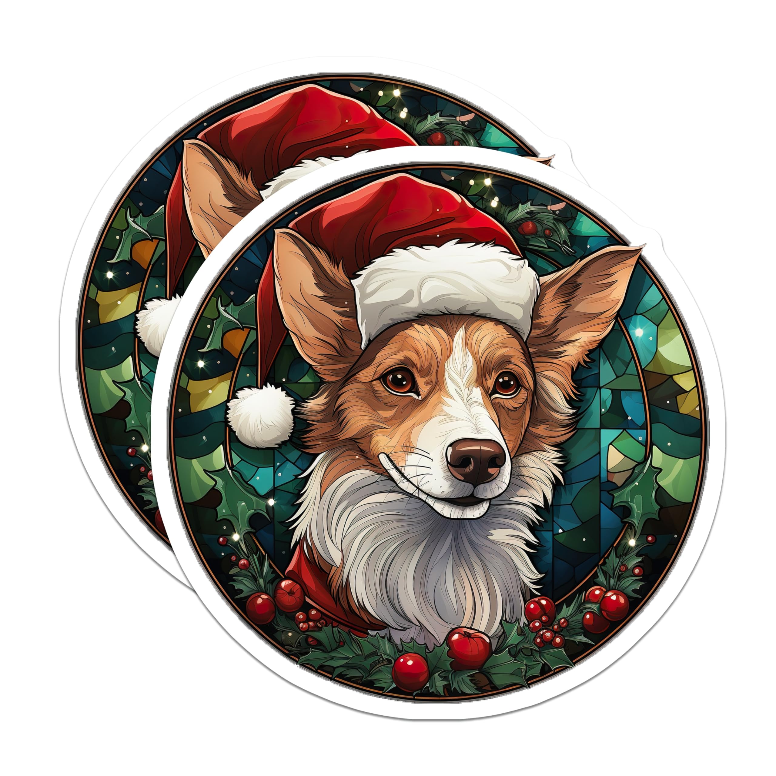 (2 Pack) Christmas Corgi Magnets - Festive Pet Lover Decor - Winter Stained Glass Dog Art - 5 Inches On Longest Side - Thick Durable Magnet - Made in USA - MAG25768