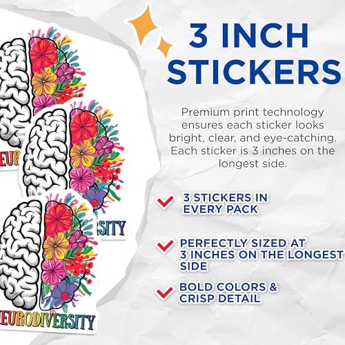 (3 Pack) Neurodiversity Brain Decals - Floral Brain Stickers - Laptop Decals - 3 Inches On Longest Side - Easy Peel & Apply - Made in USA - 3MCS7186