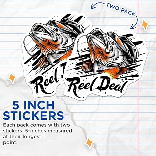 (2 Pack) Reel Deal Stickers - Fishing Enthusiast Stickers - Outdoor Adventure Stickers - 5" On Longest Side - Sticks to Any Smooth Flat Surface - Made in USA - BMCS3554