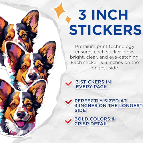 (3 Pack) Corgi Dog Decals - Colorful Animal Laptop Decal - Pet Lover Gifts - 3 Inches On Longest Side - Easy Peel & Apply - Made in USA - 3MCS0689