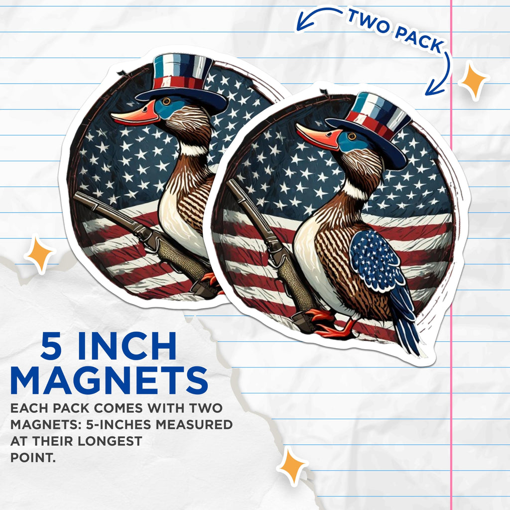 (2 Pack) Patriotic Duck Magnets - American Flag Hunter Wildlife - Uncle Sam Hat Decal - USA Theme Refrigerator Accent - 5 Inches On Longest Side - Thick Durable Magnet - Made in USA - MAG21820