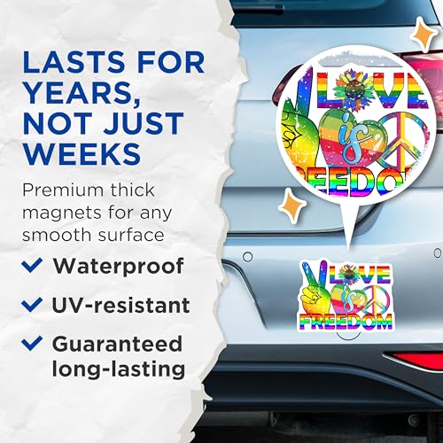 (2 Pack) Love is Freedom Magnets Magnets - Rainbow Pride - 5" On Longest Side - Made in USA - Sticks to Refrigerators & Metal Surfaces - MAG9194