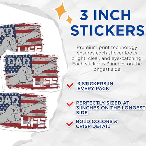 (3 Pack) Dad Life Decals - American Flag - Father Fist Bump - 3 Inches On Longest Side - Easy Peel & Apply - Made in USA - 3MCS7411