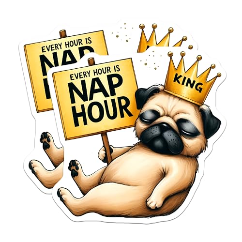(2 Pack) Pug Nap Hour King Stickers - Cute Dog Stickers - Funny Pet Art Decals - 5" On Longest Side - Sticks to Smooth Flat Surfaces - Made in USA - BMCS9726