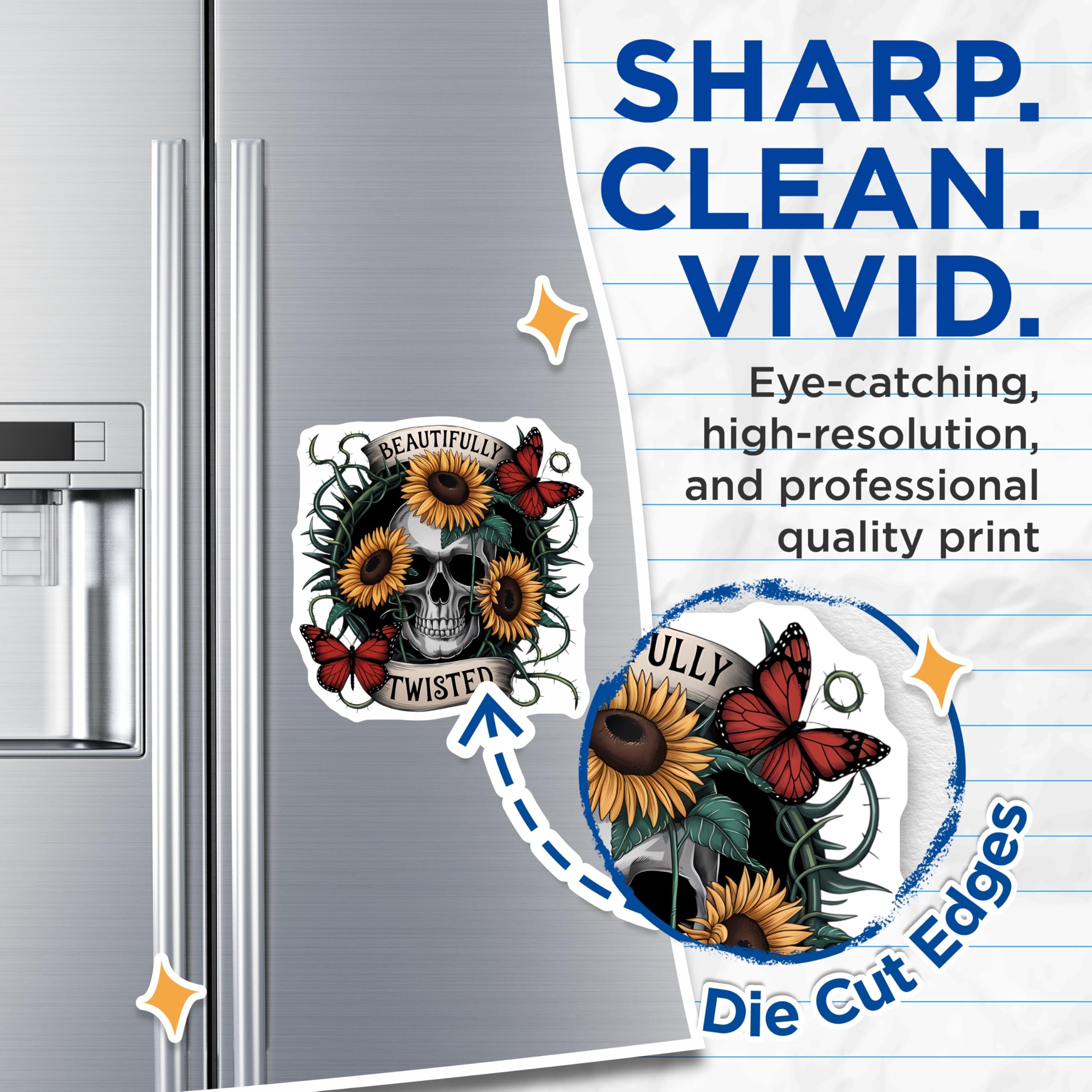 (2 Pack) Beautifully Twisted Skull Magnets - Sunflower Butterfly Gothic Decor - Macabre Aesthetic Refrigerator Art - 5 Inches On Longest Side - Thick Durable Magnet - Made in USA - MAG21002